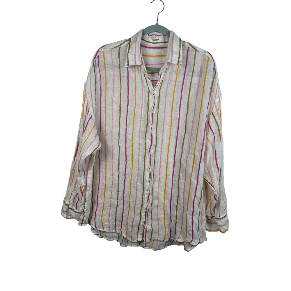 Vitamin A Button Down Shirt Womens L White Striped Excellent Linen Relaxed Boho